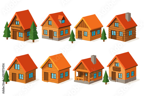 Collection of colorful cartoon houses with trees for creative design and decoration