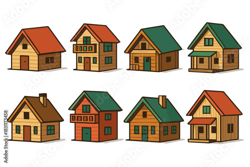 Charming collection of cartoon wooden houses with vibrant roofs for design and decoration projects