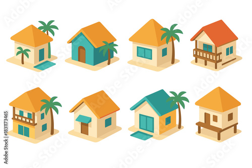 Collection of isometric tropical houses with palm trees for vacation design