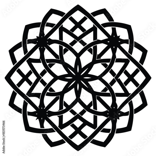 Black circular pattern showing interlaced shapes creates an eye catching, modern symmetrical silhouette