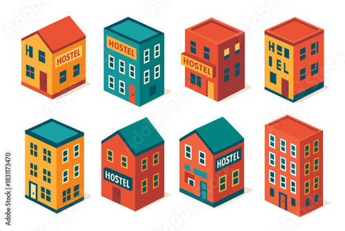 Vibrant isometric hostel building designs for urban architecture projects