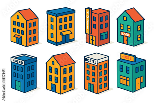 Colorful hostel building designs for urban accommodation concepts