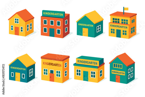 Colorful kindergarten buildings collection for educational and design projects