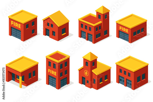 Isometric fire station building designs for urban planning and emergency services projects
