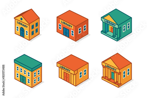 Isometric library building designs for educational and architectural projects