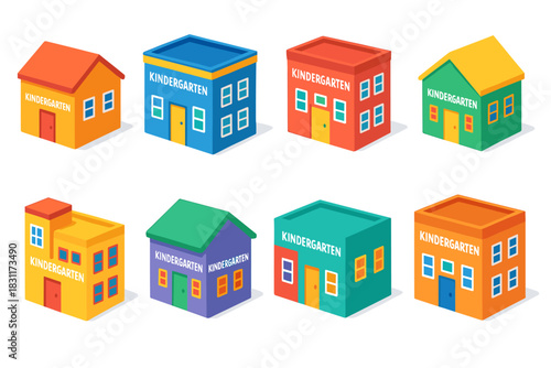 Colorful kindergarten buildings set for educational design projects