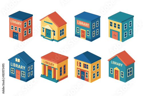 Collection of colorful isometric library building icons for design and education projects