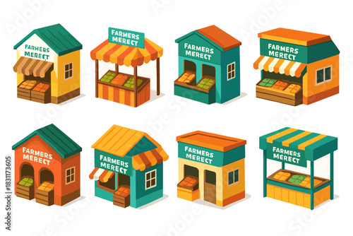 Colorful farmers market stalls collection for seasonal produce and local shopping design