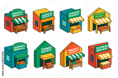 Collection of isometric farmers market stalls for design and decoration