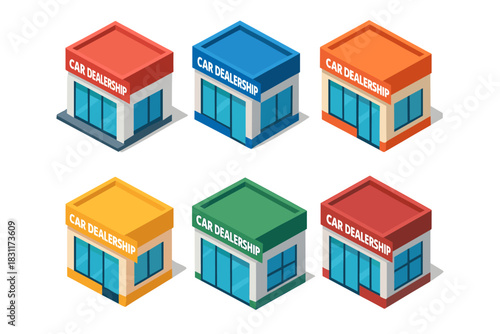 Isometric car dealership icons in multicolor variations for graphic design projects