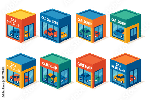 Isometric car dealership buildings set for design projects