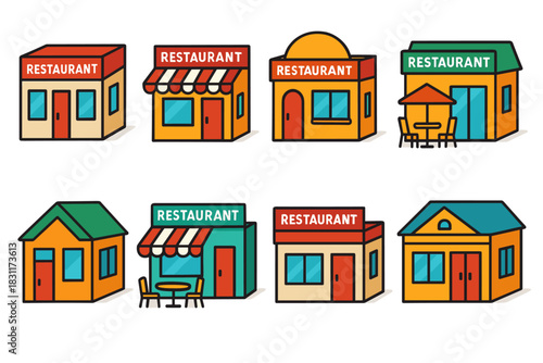 Variety of restaurant building designs for urban planning and architecture concepts
