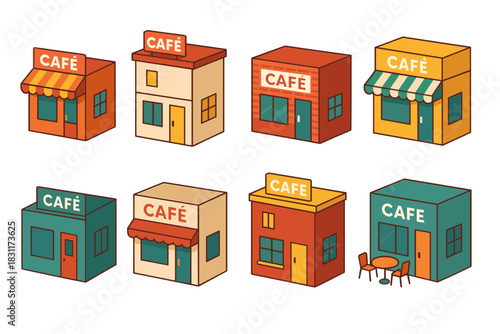Charming cafe illustrations with colorful facades and outdoor seating for design projects