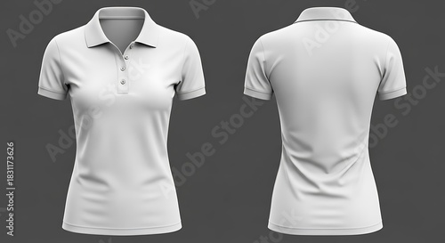 White Women's Polo Shirt Mockup, Front and Back Views on Dark Gray Background
