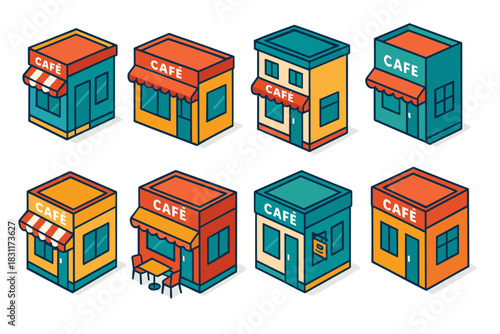 Isometric cafe building set for design projects and urban planning concepts
