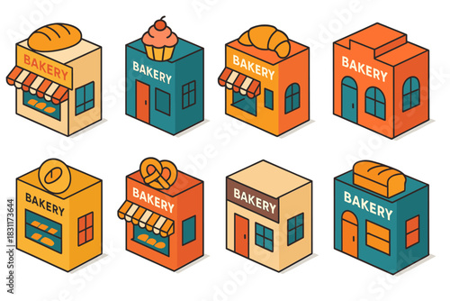 Colorful isometric bakery buildings with bread and pastry icons for design projects