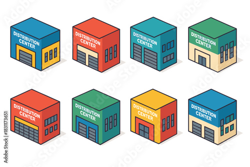 Modern distribution center buildings in vibrant colors for logistics and storage design