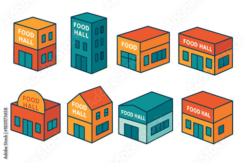 Isometric food hall building designs for urban planning and architecture projects
