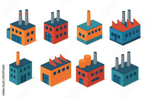 Isometric industrial buildings set for urban development and design projects