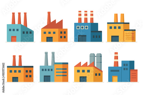 Colorful industrial factory icons set for design and print projects