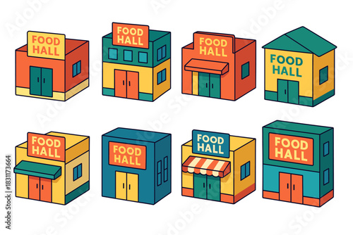 Colorful collection of food hall icons for design and print projects