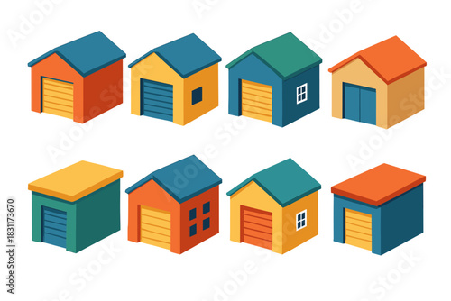 Colorful isometric garage and storage buildings collection for design and architecture projects