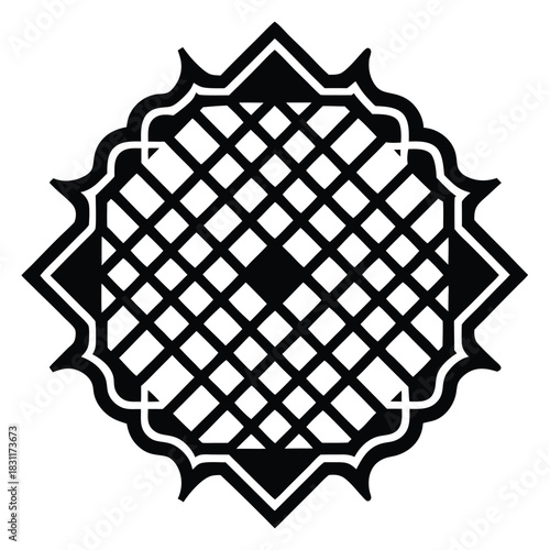Black grid lines create diamond shapes framed within an ornate border and black points