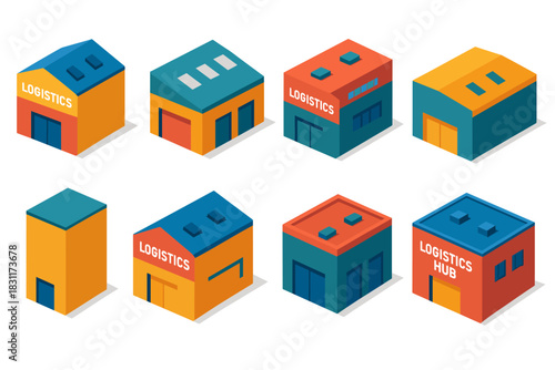 Isometric logistics warehouses and shipping hub design elements for infographics and urban planning
