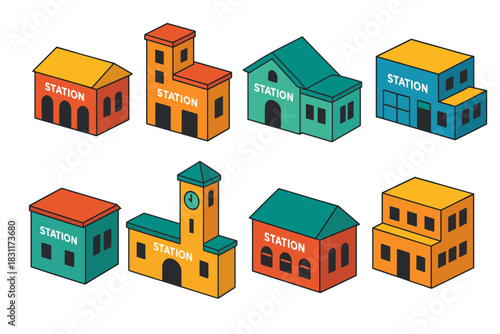 Set of colorful isometric buildings with station labels for architectural design