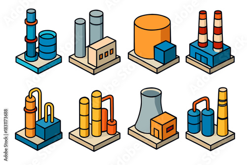 Isometric industrial factory structures for infographic and design projects