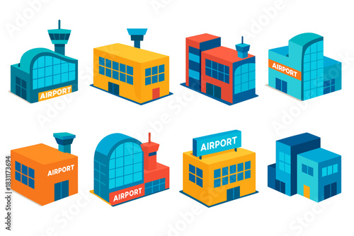 Colorful airport building illustrations for creative design projects