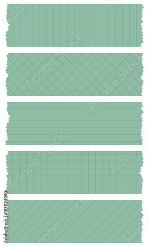Set of green washi tapes with patterns isolated on white. Tapes collection in vector. Pieces of decorative tape for scrapbooks. Torn paper. Lines, cell