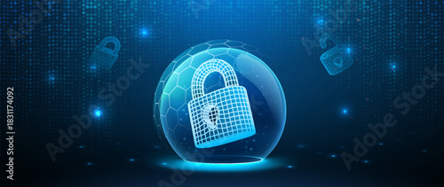 Cyber Security Protection With Digital Lock Inside Shield Bubble, Symbolizing Data Safety, Encryption, Firewall Defense, And Modern Network Protection Technology. Vector Illustration.