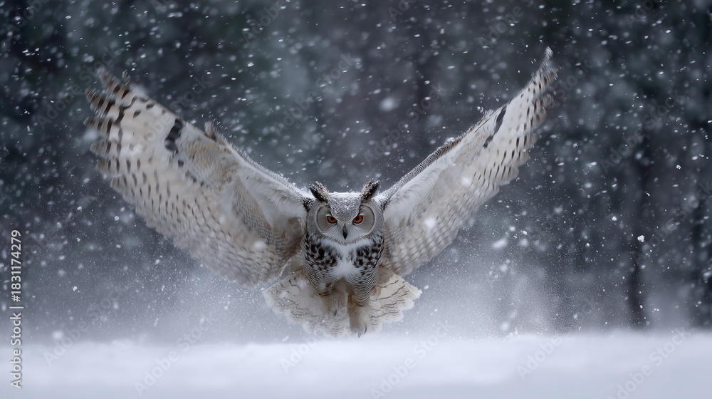 Obraz premium Blizzard winds forming a magical owl spreading snowy wings in the storm