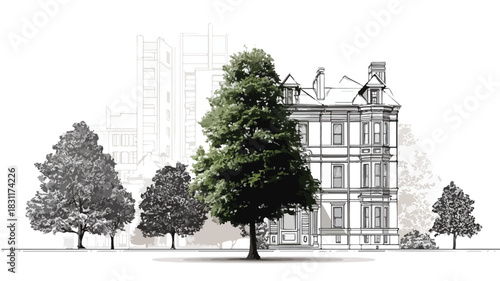 Urban Landscape with Trees and Architectural Drawing of Building