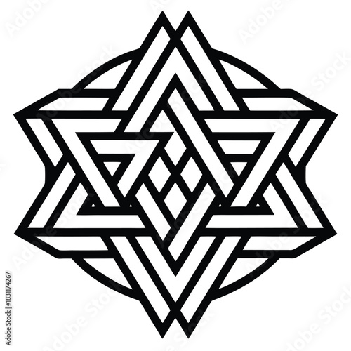 An intricate pattern of triangular shapes intersects and overlaps in bold black lines