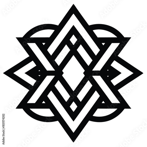 Intricate interwoven geometric figure creates a starlike shape with circle segments in stark black and white