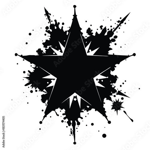 A black starburst bursts outwards with an inky splash on a white backdrop