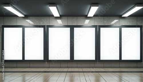 Fototapeta Naklejka Na Ścianę i Meble -  Clean modern subway station interior with blank advertising boards. Empty poster display area for commercial announcements. Minimalist design space for ad campaigns in public transit.