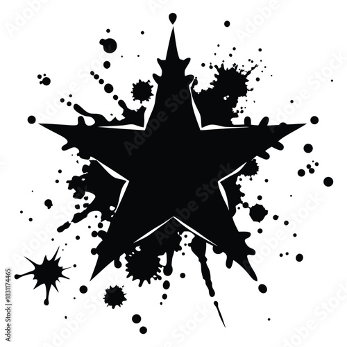 Black paint splatters and blotches surround an ornate star shape on a white backdrop