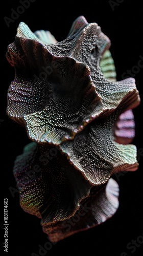 Abstract organic structure with intricate textures and iridescent colors on a dark background, showcasing delicate curves and patterns resembling a shell or coral formation