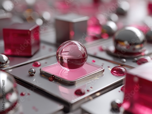 Glossy metallic surfaces with shiny pink spheres and cubes arranged in a geometric pattern. Light reflects off the surfaces, creating a futuristic, abstract 3D aesthetic