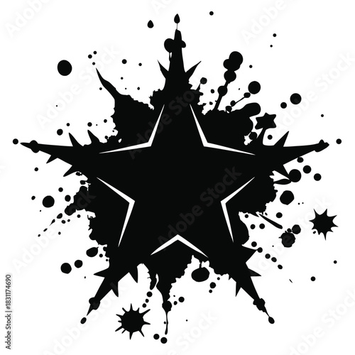 Black star bursts dynamically amidst scattered ink blots on white background, creating an expressive effect