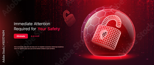 Cyber Crime Attack. Cyber Security Alert With Glowing Unlock Icon In Red Protective Sphere, Digital Cybersecurity Warning Banner For Online Safety, Futuristic Tech Threat Concept, Vector Illustration