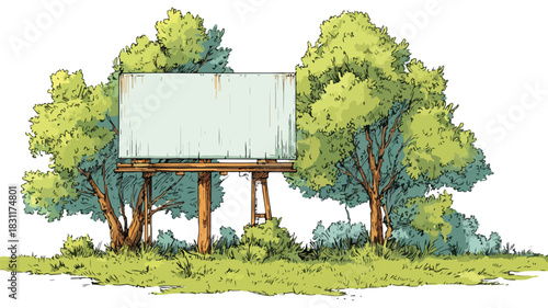Vibrant Cartoon Billboard with Trees and Grass Vector Illustration