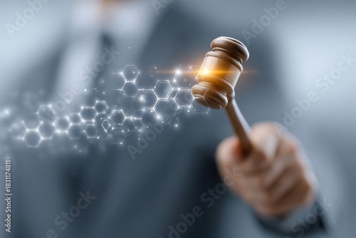Futuristic legal tech scene: a judge's gavel highlights digital networks and decisive verdicts
