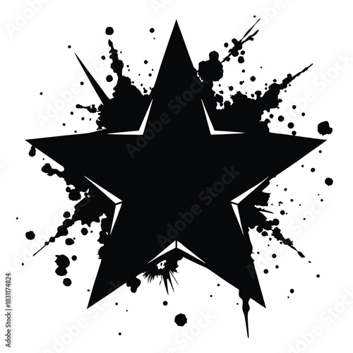 A black star shape bursts from the center, with paint splatter surrounding it