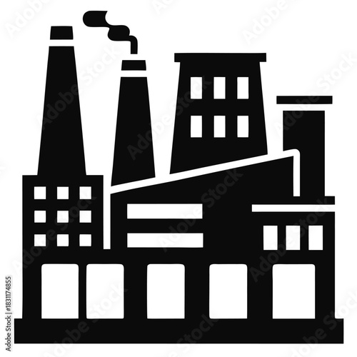 Black factory silhouette shows industrial architecture with smokestack emitting smoke on a white backdrop