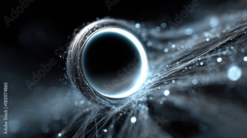 Abstract composition featuring a circular void surrounded by luminous streaks and particles, creating a cosmic and ethereal impression with a sense of motion and mystery