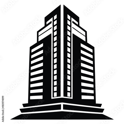 Black building silhouette with repetitive white rectangles creates the illusion of windows and floors